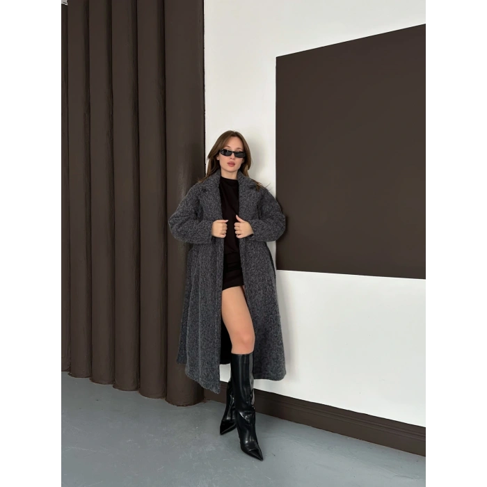 Kuşaklı Uzun Buklet Tüylü Kaban Antrasit