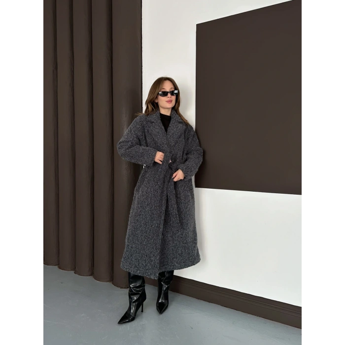 Kuşaklı Uzun Buklet Tüylü Kaban Antrasit