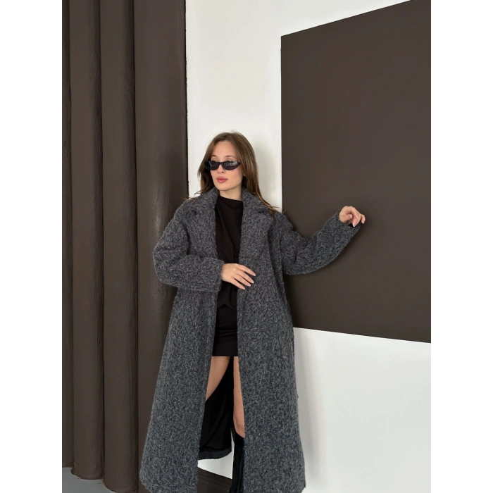 Kuşaklı Uzun Buklet Tüylü Kaban Antrasit