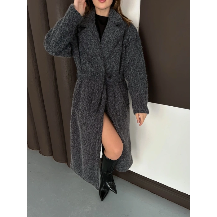 Kuşaklı Uzun Buklet Tüylü Kaban Antrasit