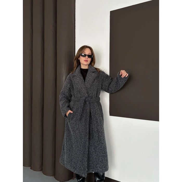 Kuşaklı Uzun Buklet Tüylü Kaban Antrasit