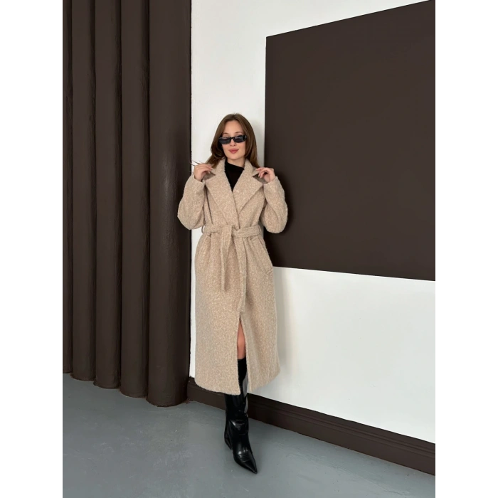 Kuşaklı Uzun Buklet Tüylü Kaban Bej