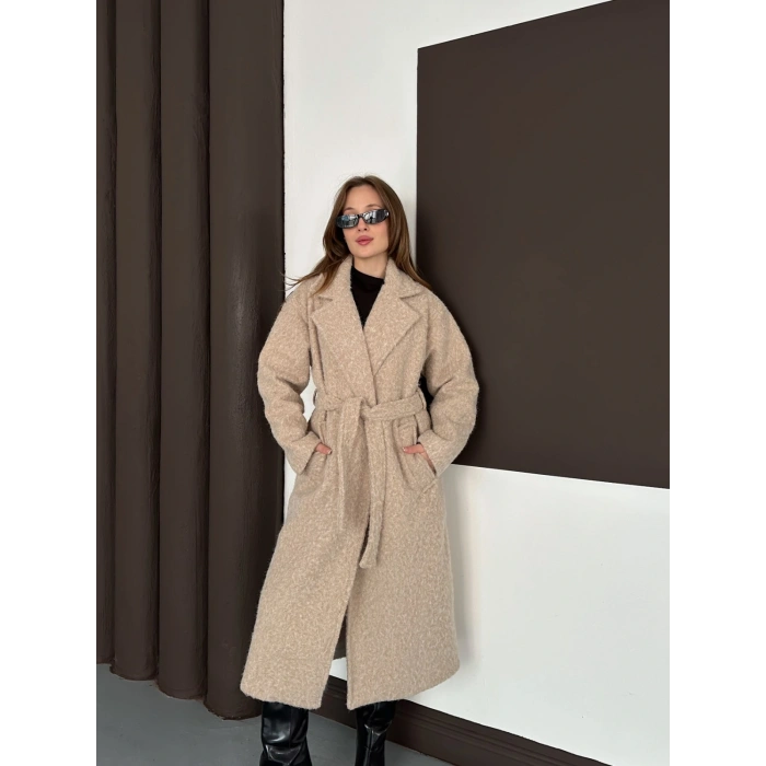 Kuşaklı Uzun Buklet Tüylü Kaban Bej