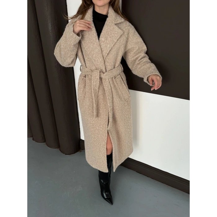 Kuşaklı Uzun Buklet Tüylü Kaban Bej