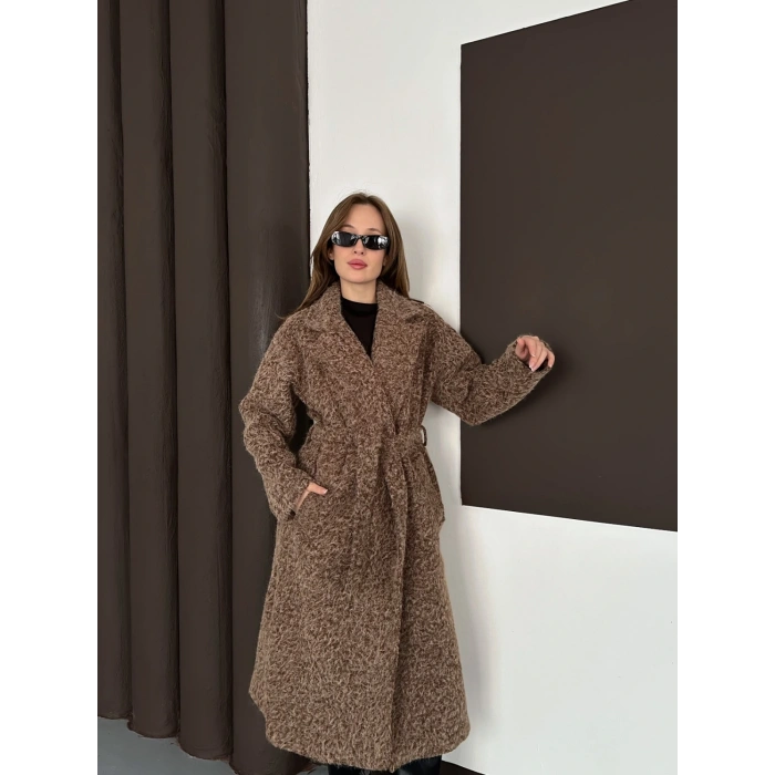 Kuşaklı Uzun Buklet Tüylü Kaban Kahve