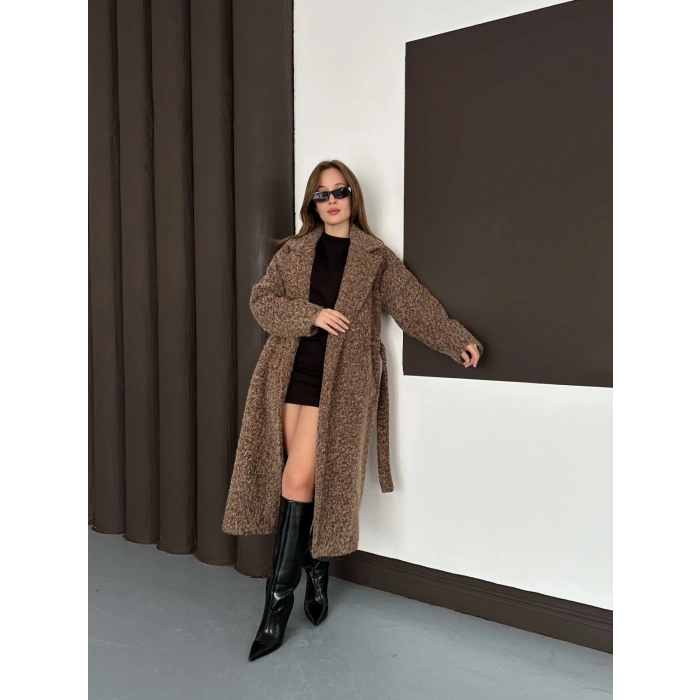 Kuşaklı Uzun Buklet Tüylü Kaban Kahve