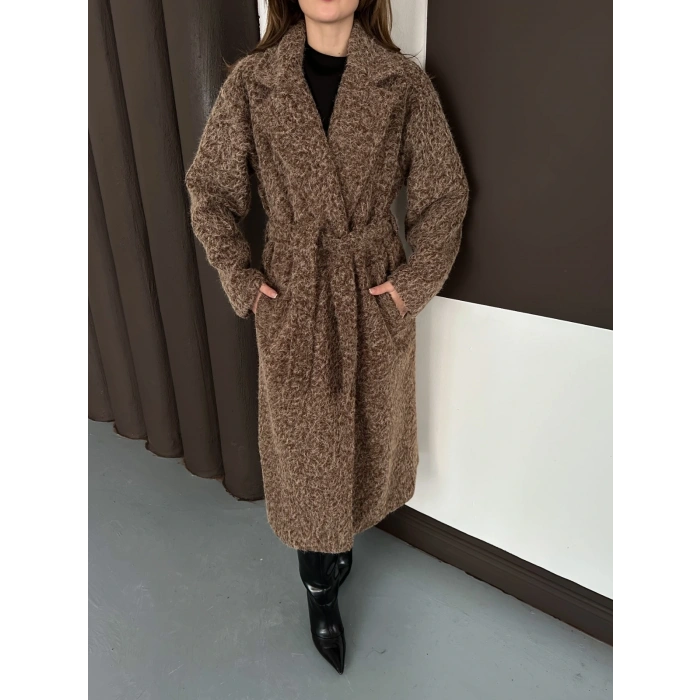 Kuşaklı Uzun Buklet Tüylü Kaban Kahve