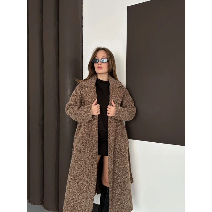 Kuşaklı Uzun Buklet Tüylü Kaban Kahve