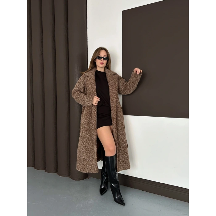 Kuşaklı Uzun Buklet Tüylü Kaban Kahve