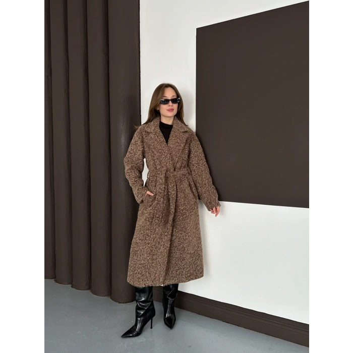 Kuşaklı Uzun Buklet Tüylü Kaban Kahve