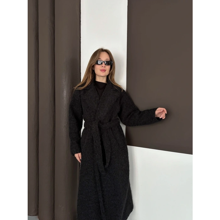 Kuşaklı Uzun Buklet Tüylü Kaban Siyah