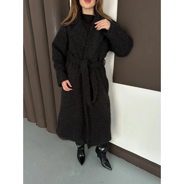 Kuşaklı Uzun Buklet Tüylü Kaban Siyah