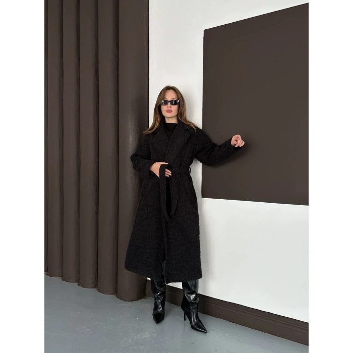 Kuşaklı Uzun Buklet Tüylü Kaban Siyah