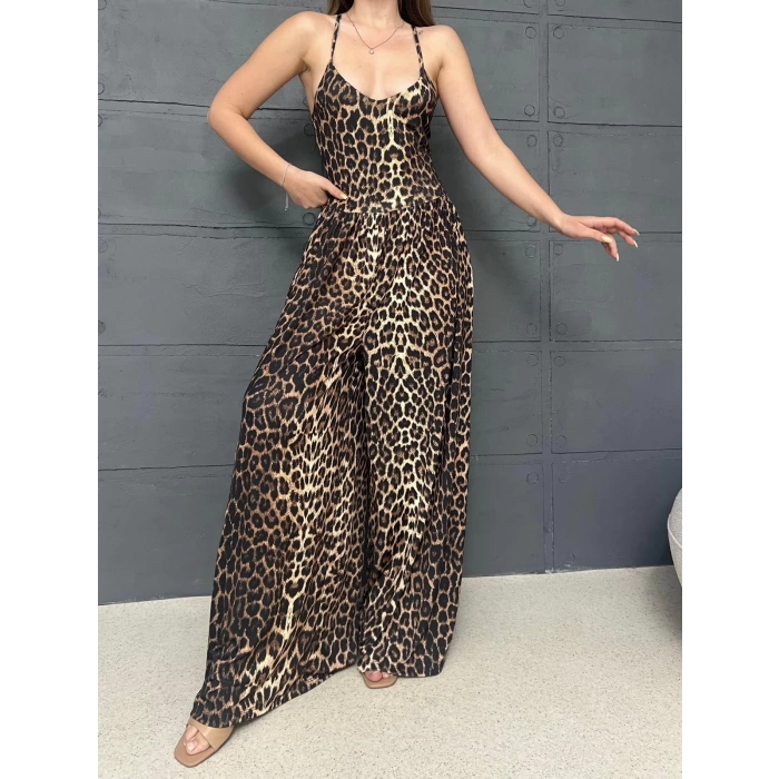 Leopar Desen Askılı Tulum
