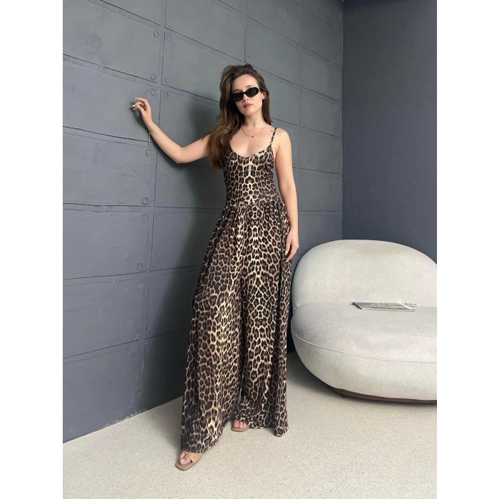 Leopar Desen Askılı Tulum