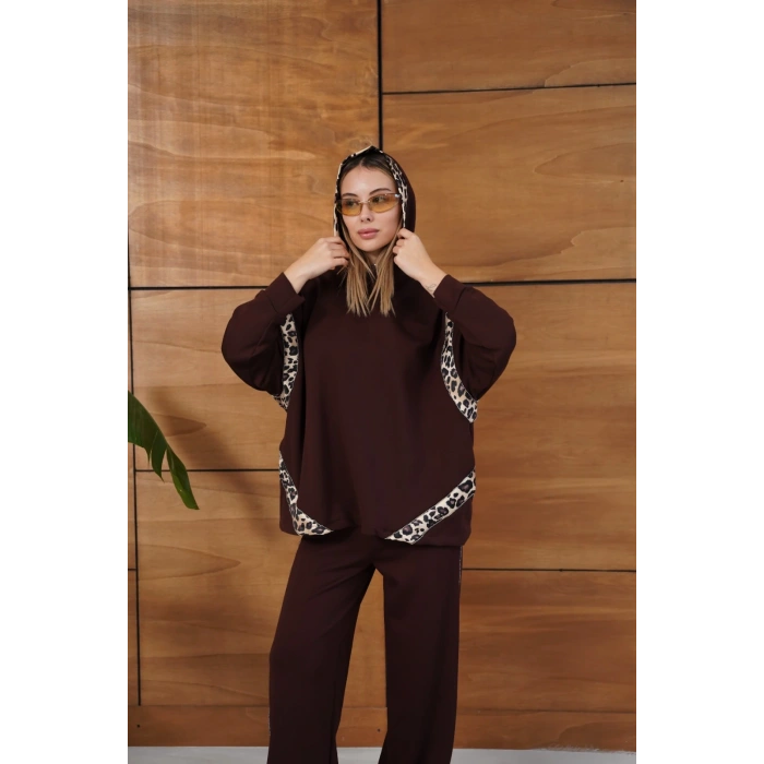 Leopar Desen Kapüşonlu Modal Takım Acı Kahve