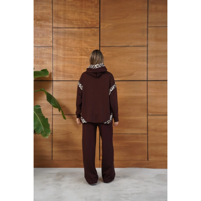 Leopar Desen Kapüşonlu Modal Takım Acı Kahve