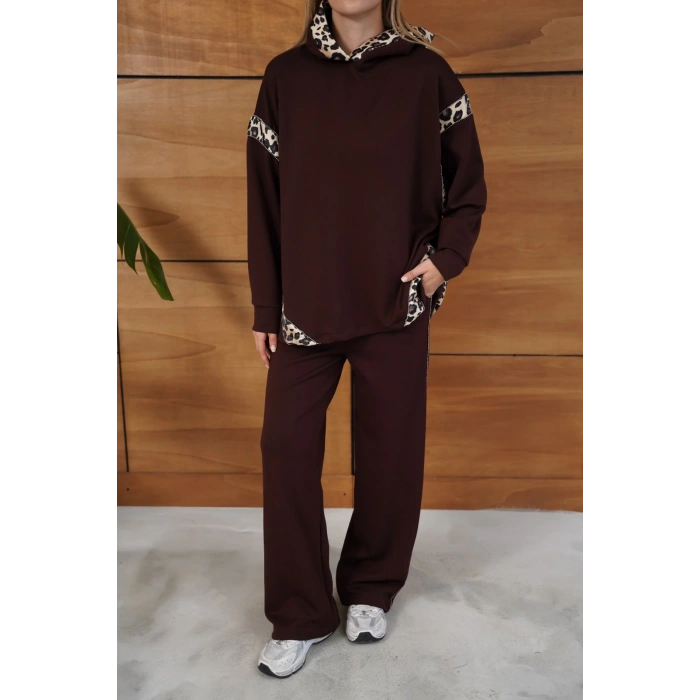 Leopar Desen Kapüşonlu Modal Takım Acı Kahve