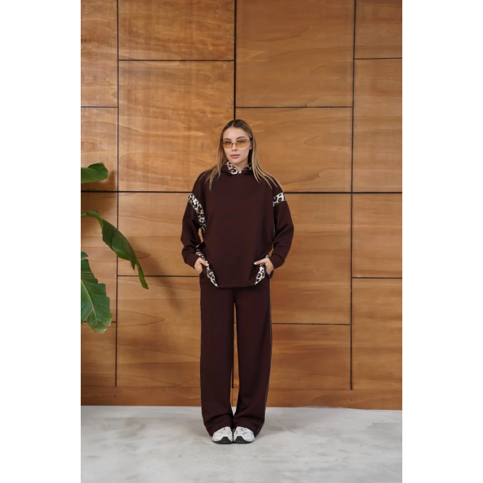 Leopar Desen Kapüşonlu Modal Takım Acı Kahve