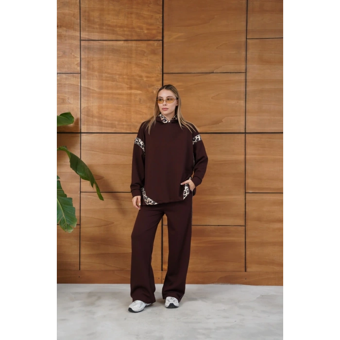 Leopar Desen Kapüşonlu Modal Takım Acı Kahve