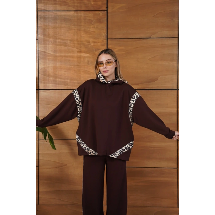 Leopar Desen Kapüşonlu Modal Takım Acı Kahve