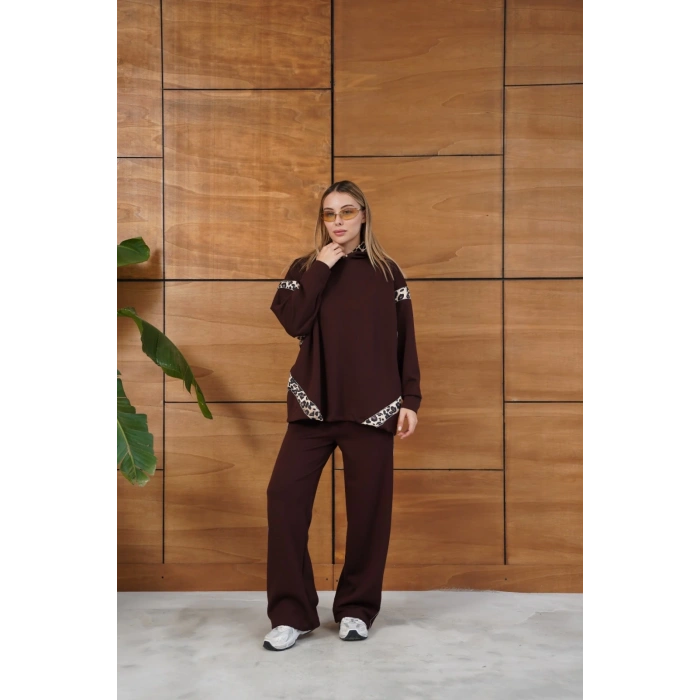 Leopar Desen Kapüşonlu Modal Takım Acı Kahve