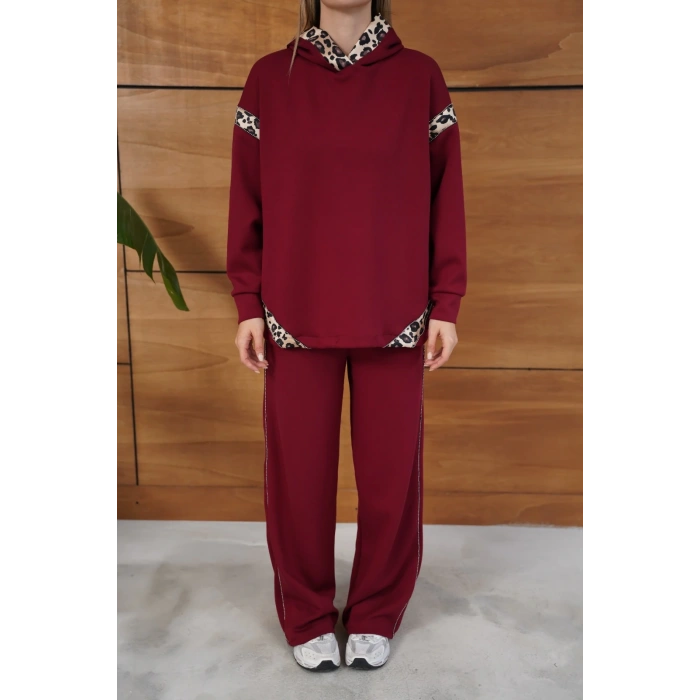 Leopar Desen Kapüşonlu Modal Takım Bordo