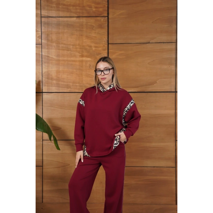 Leopar Desen Kapüşonlu Modal Takım Bordo