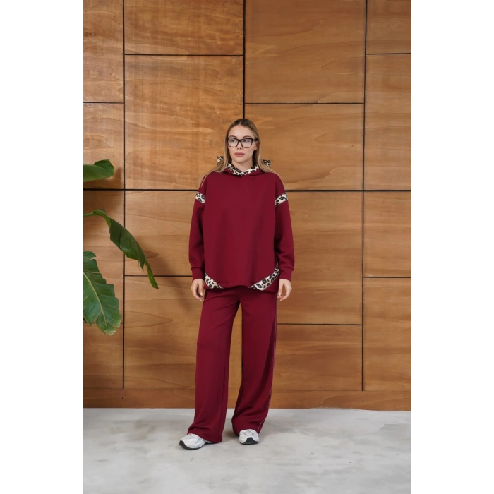 Leopar Desen Kapüşonlu Modal Takım Bordo
