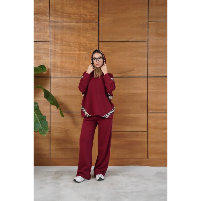 Leopar Desen Kapüşonlu Modal Takım Bordo