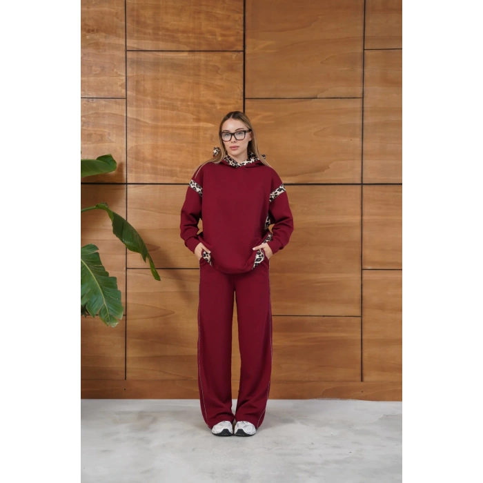 Leopar Desen Kapüşonlu Modal Takım Bordo