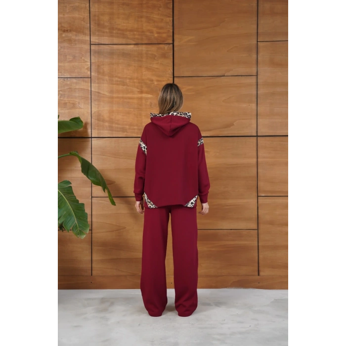 Leopar Desen Kapüşonlu Modal Takım Bordo