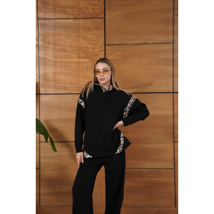 Leopar Desen Kapüşonlu Modal Takım Siyah