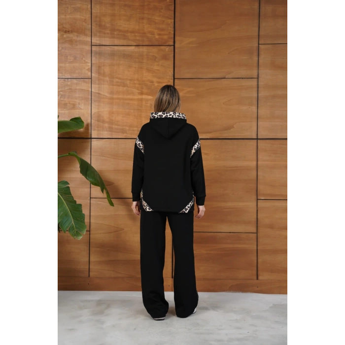 Leopar Desen Kapüşonlu Modal Takım Siyah