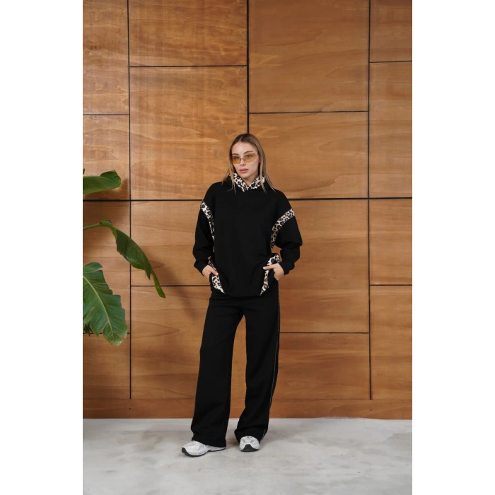 Leopar Desen Kapüşonlu Modal Takım Siyah