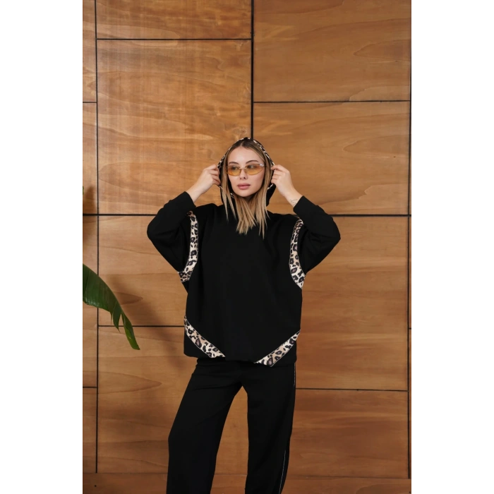 Leopar Desen Kapüşonlu Modal Takım Siyah