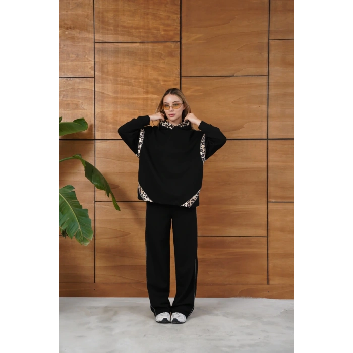 Leopar Desen Kapüşonlu Modal Takım Siyah