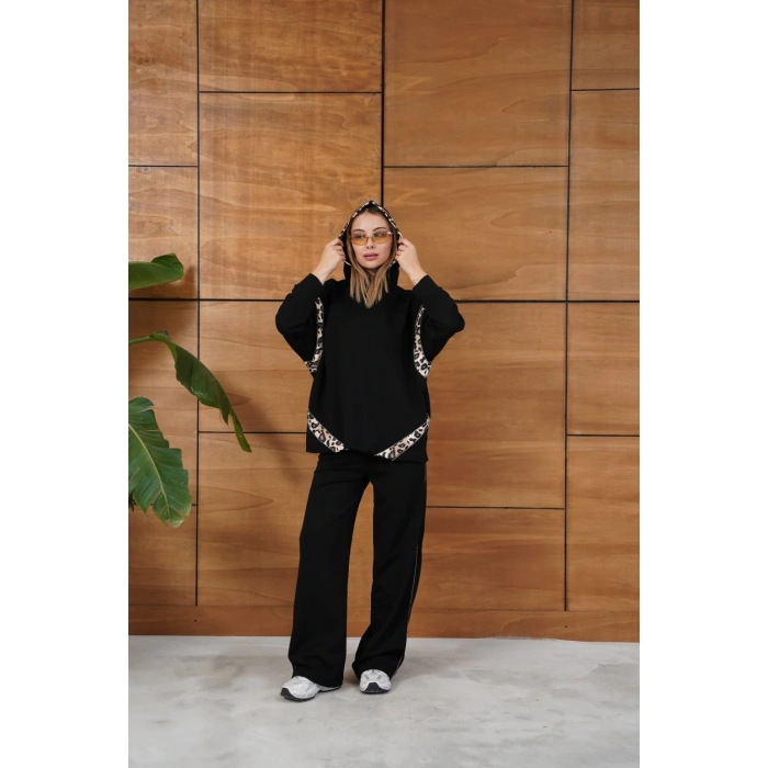 Leopar Desen Kapüşonlu Modal Takım Siyah