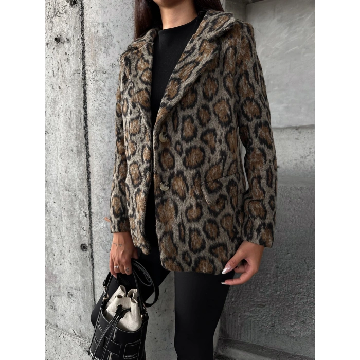 Leopar Desen Kemer Detaylı Ceket