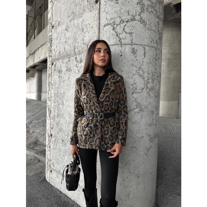Leopar Desen Kemer Detaylı Ceket