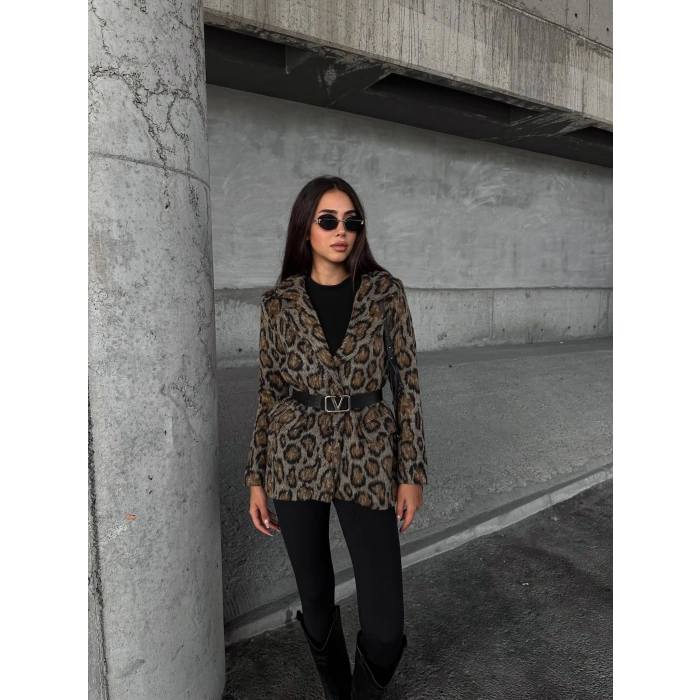 Leopar Desen Kemer Detaylı Ceket