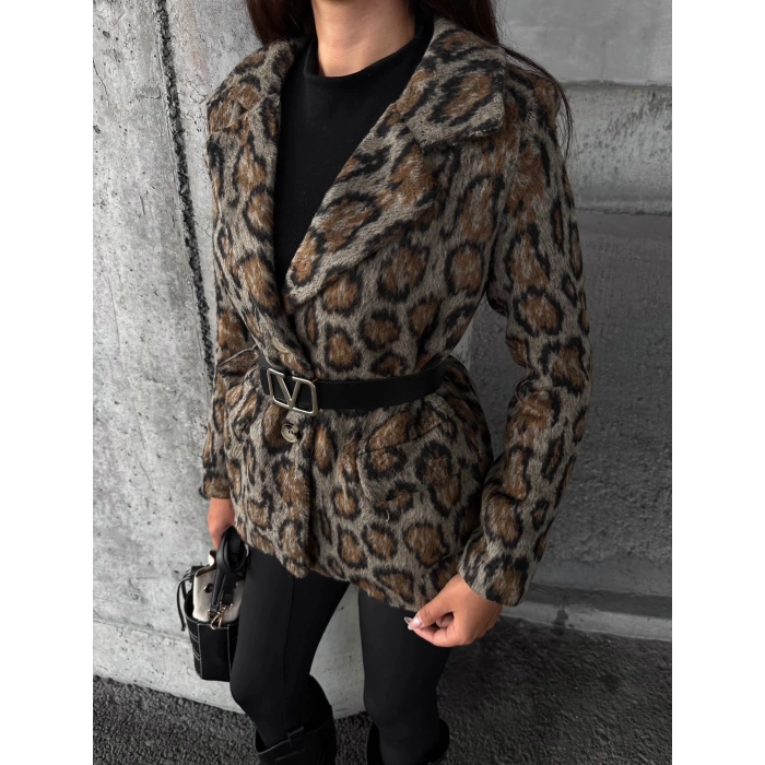 Leopar Desen Kemer Detaylı Ceket