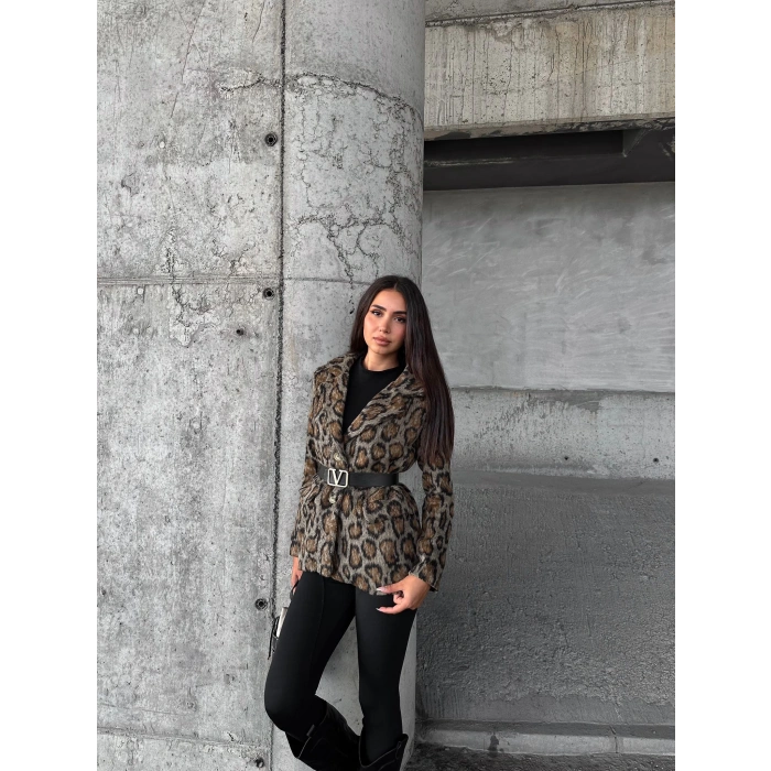 Leopar Desen Kemer Detaylı Ceket