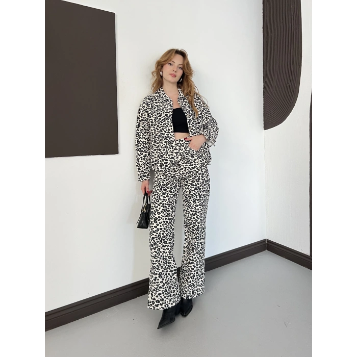Leopar Desenli Denim Ceket-Pantolon Takım