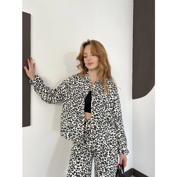 Leopar Desenli Denim Ceket-Pantolon Takım