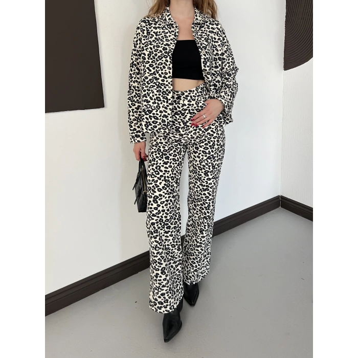 Leopar Desenli Denim Ceket-Pantolon Takım