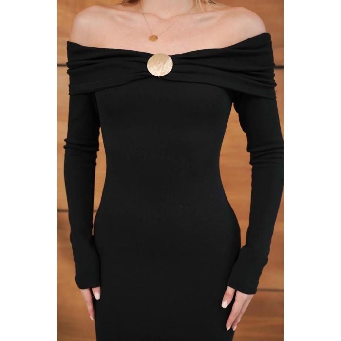 Madonna Yaka Aksesuar Detaylı Sandy Elbise Siyah