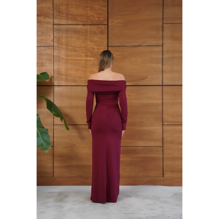 Madonna Yaka Büzgü Detaylı Uzun Elbise Bordo