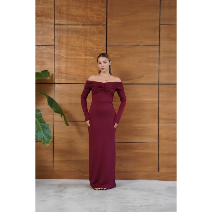 Madonna Yaka Büzgü Detaylı Uzun Elbise Bordo