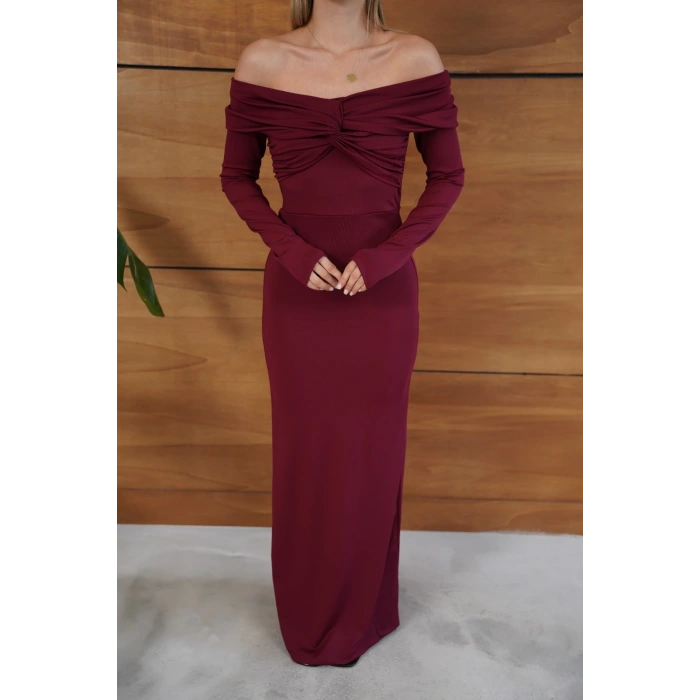 Madonna Yaka Büzgü Detaylı Uzun Elbise Bordo